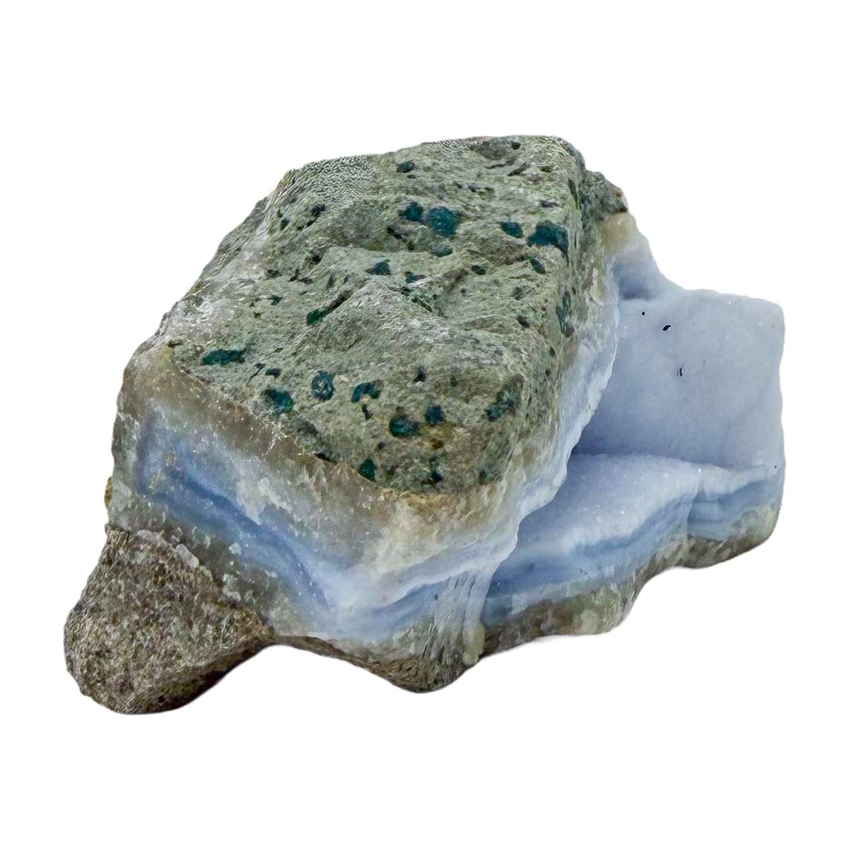 Blue lace agate raw geode from Malawi, AA grade, pale blue banded chalcedony in a natural cavity