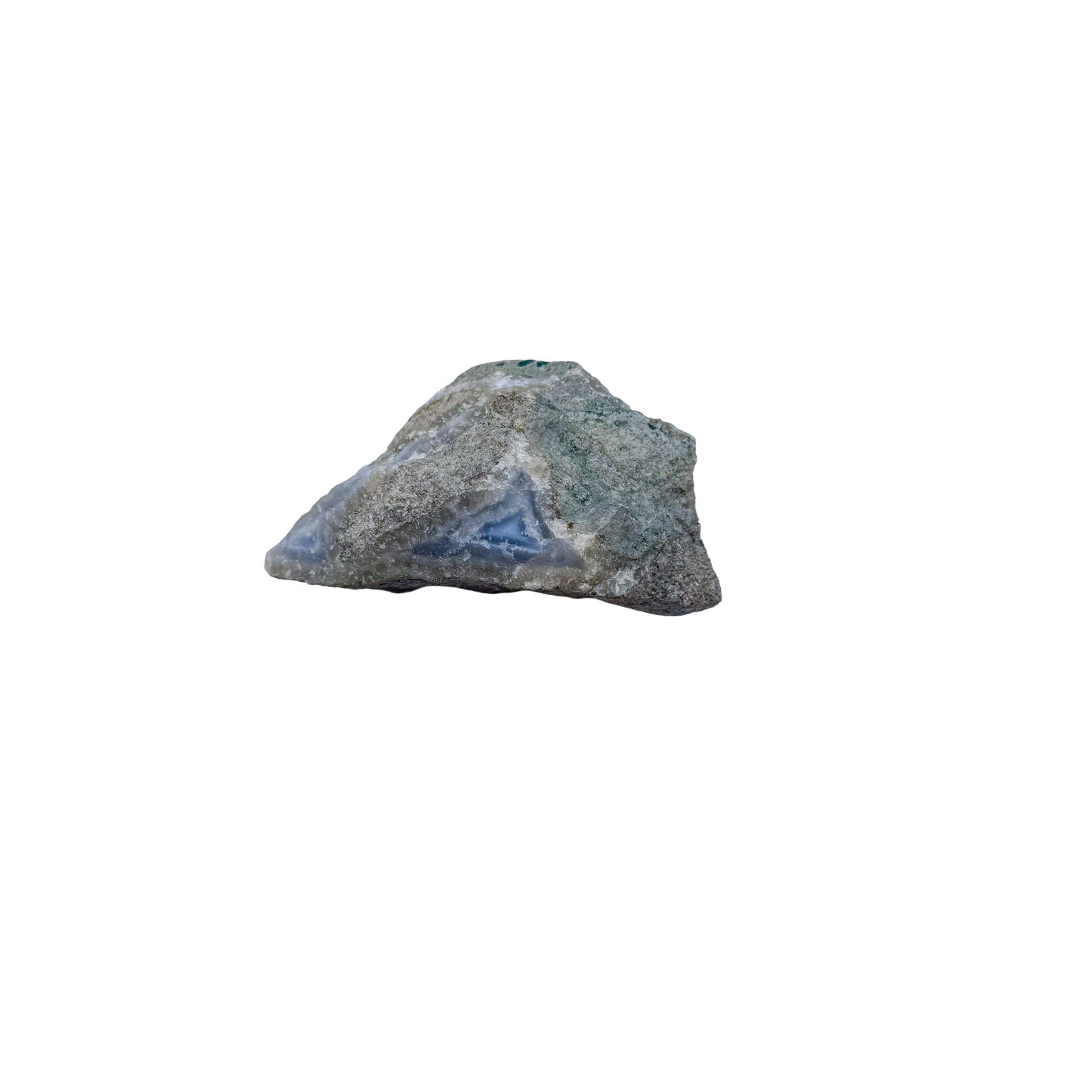 Blue lace agate raw geode, rear view of rough host rock