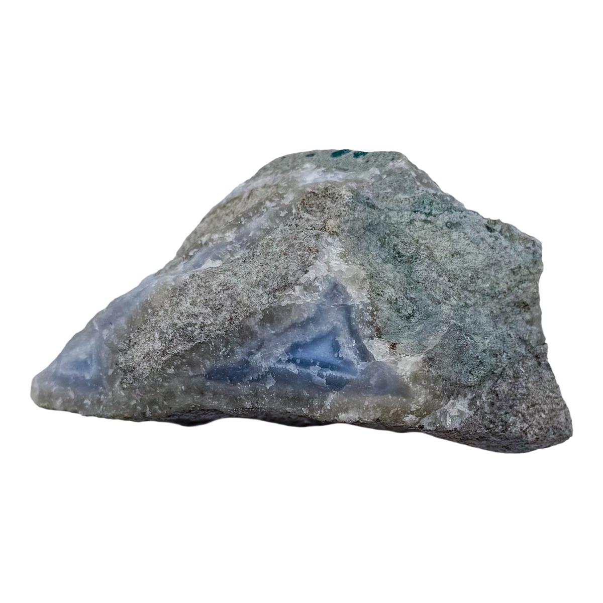 Blue lace agate raw geode, rear view of rough host rock