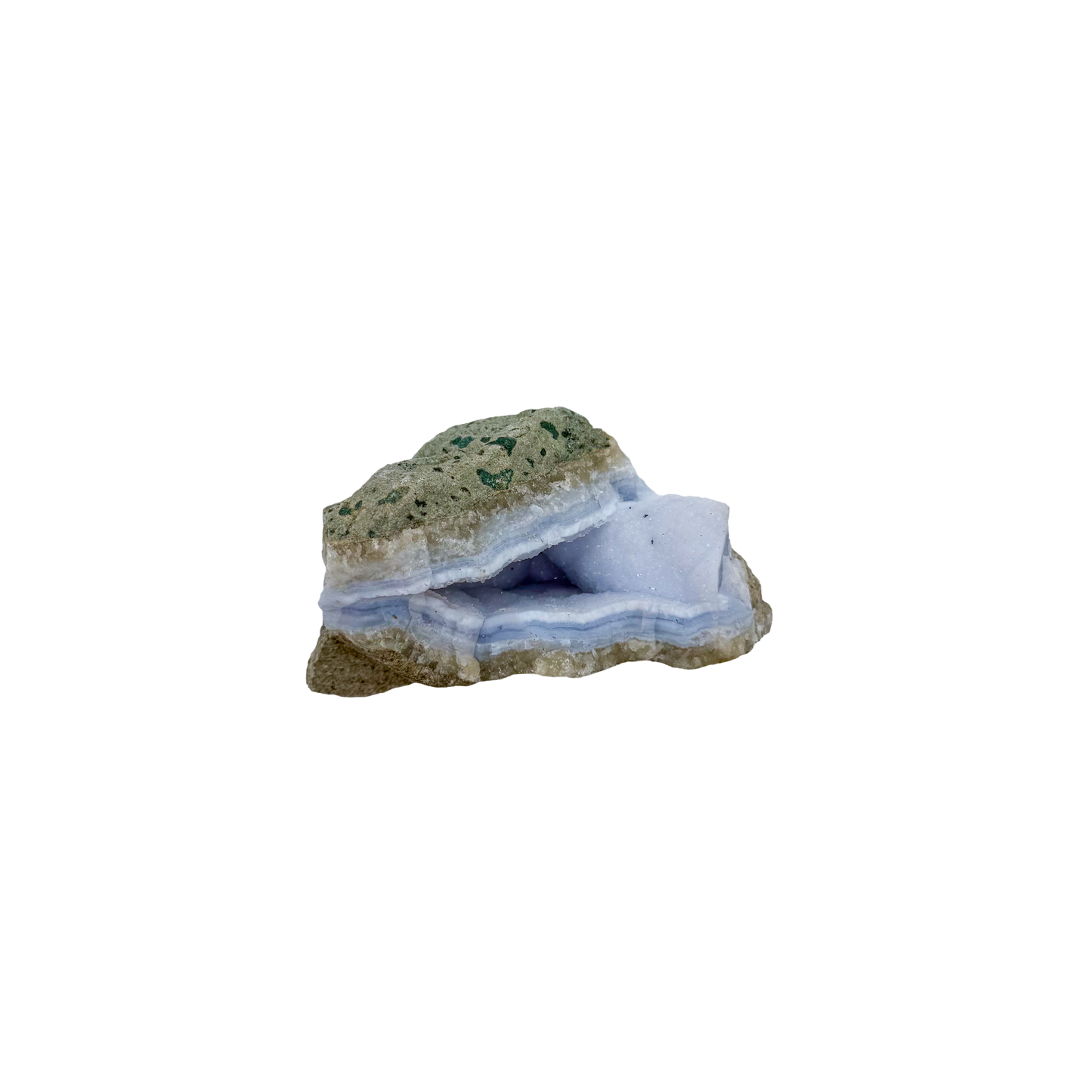 Blue lace agate raw geode, alternate angle of natural blue cavity