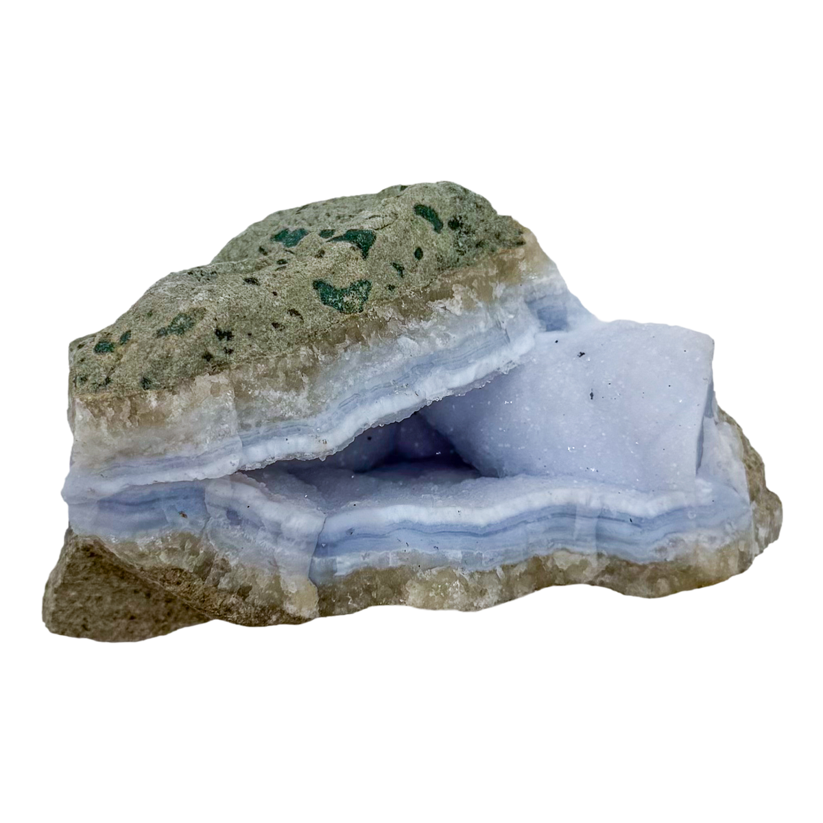 Blue lace agate raw geode, alternate angle of natural blue cavity