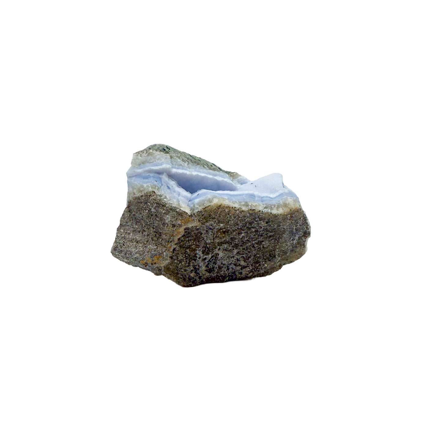 Blue lace agate raw geode, close view of druzy crystal texture