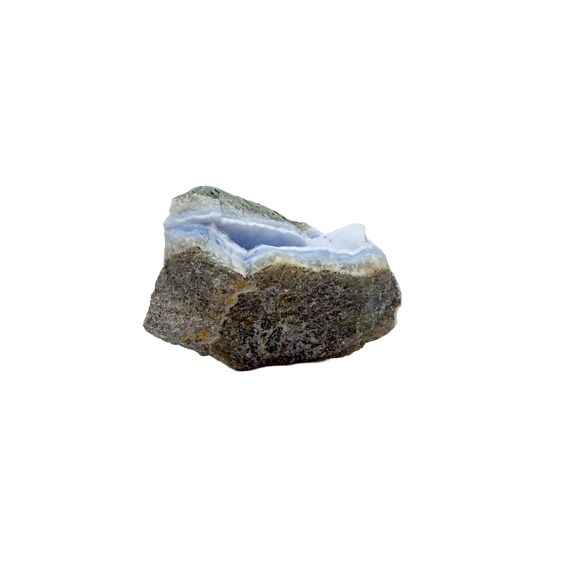 Blue lace agate raw geode, close view of druzy crystal texture