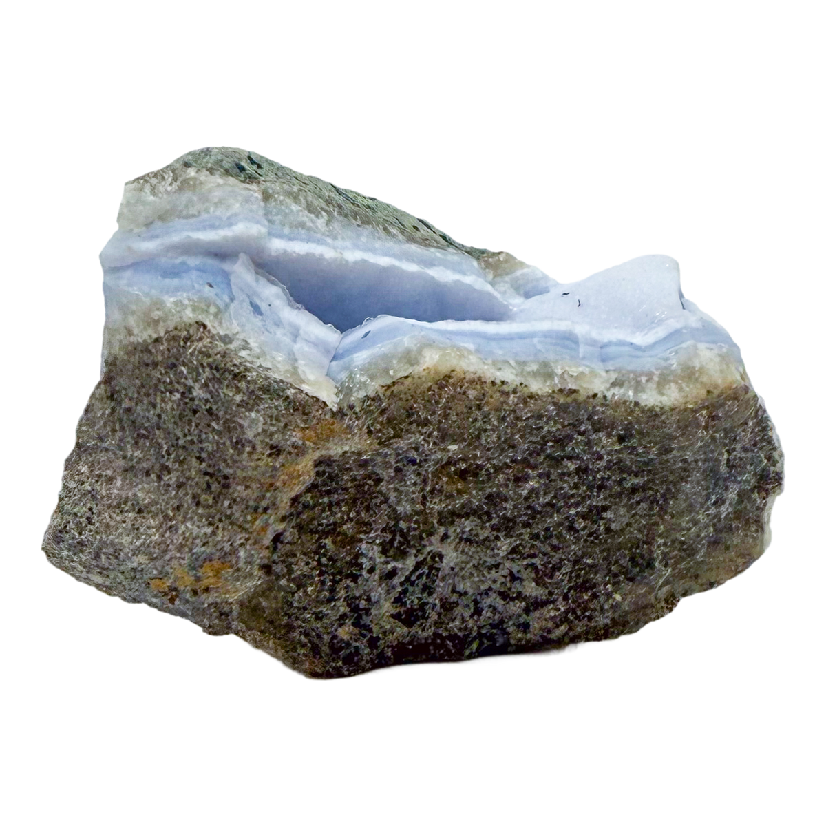 Blue lace agate raw geode, close view of druzy crystal texture