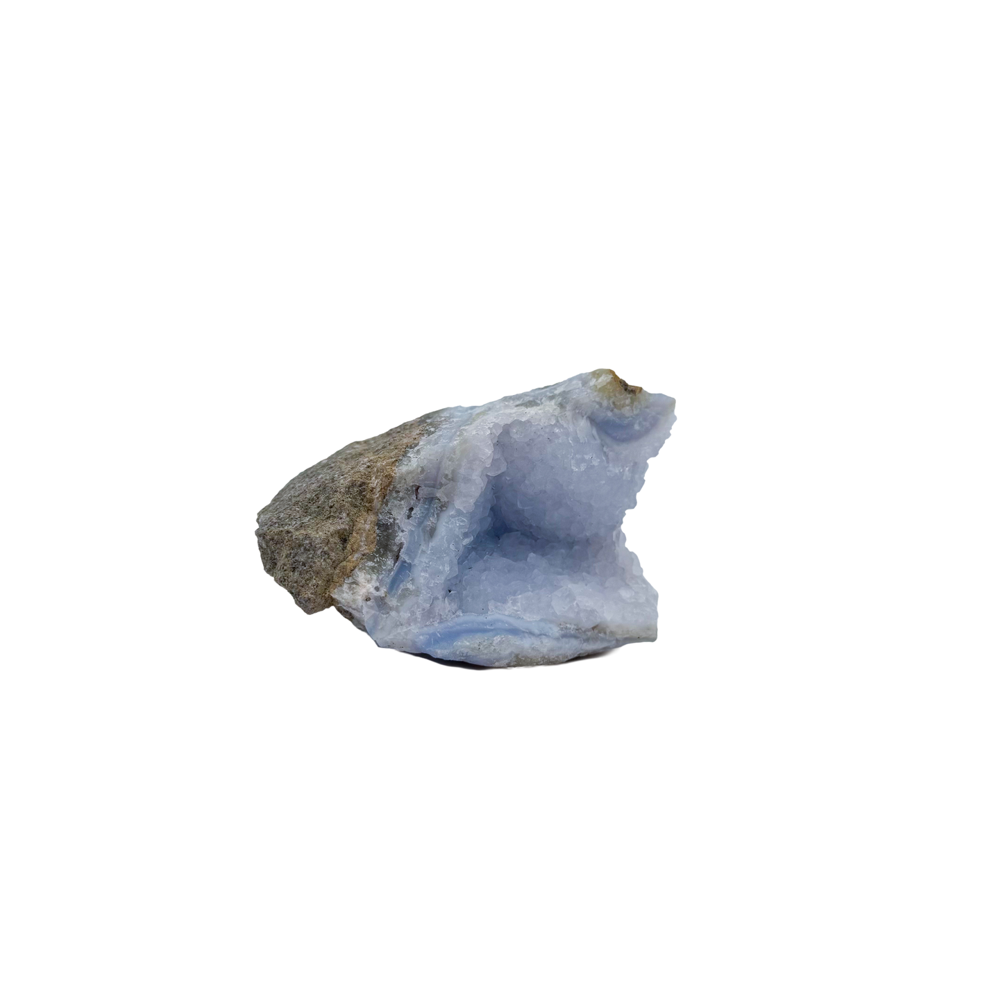 Blue lace agate raw geode from Malawi, uncut host rock with blue banded interior