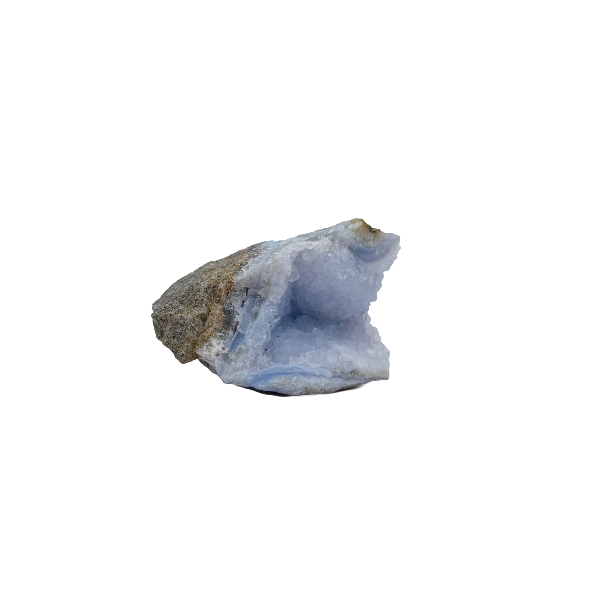 Blue lace agate raw geode from Malawi, uncut host rock with blue banded interior