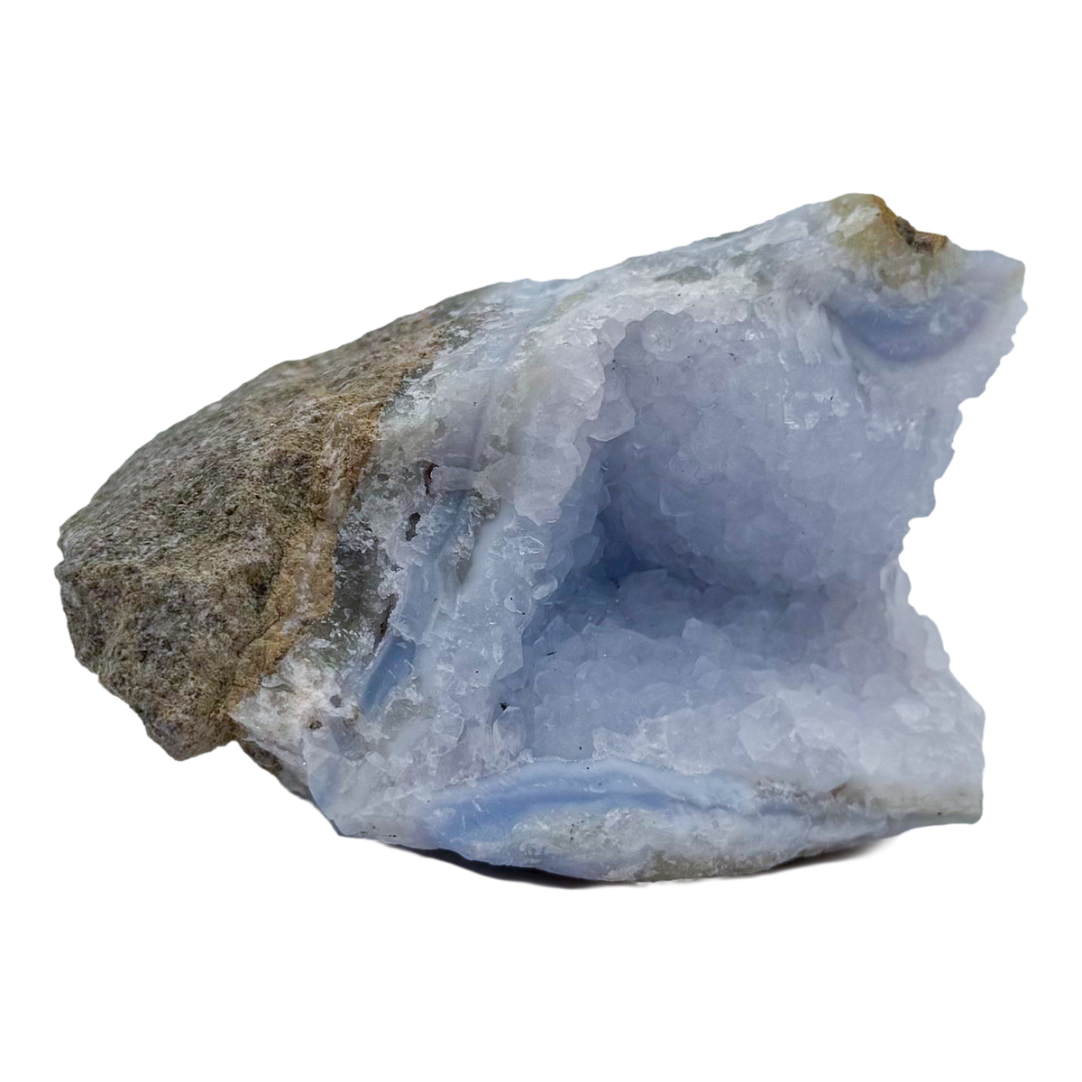 Blue lace agate raw geode from Malawi, uncut host rock with blue banded interior