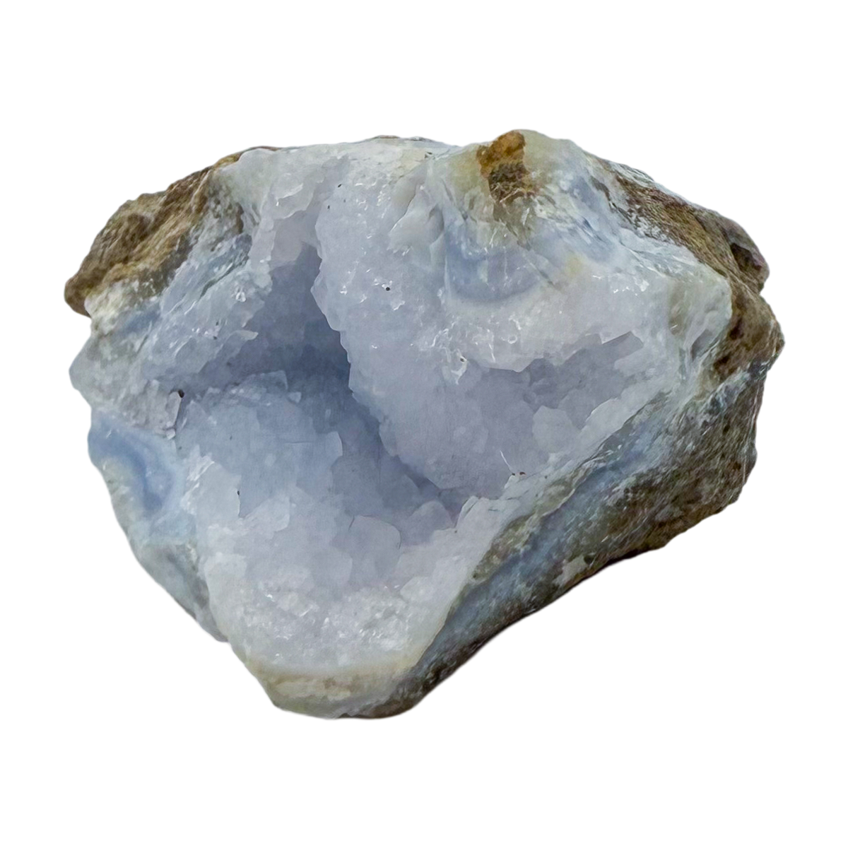 Blue lace agate raw geode from Malawi, AA grade, pale blue banded chalcedony in a natural cavity