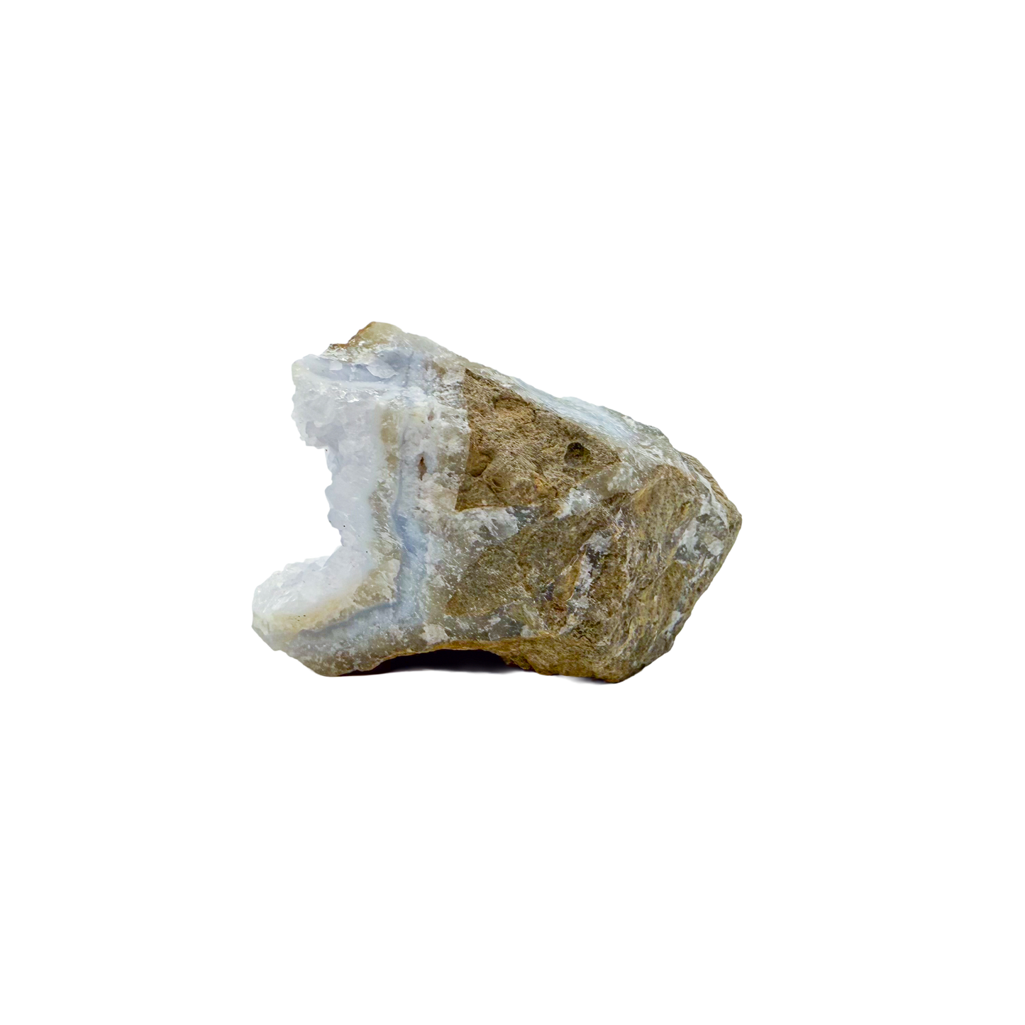 Blue lace agate raw geode, angled view of banded blue chalcedony