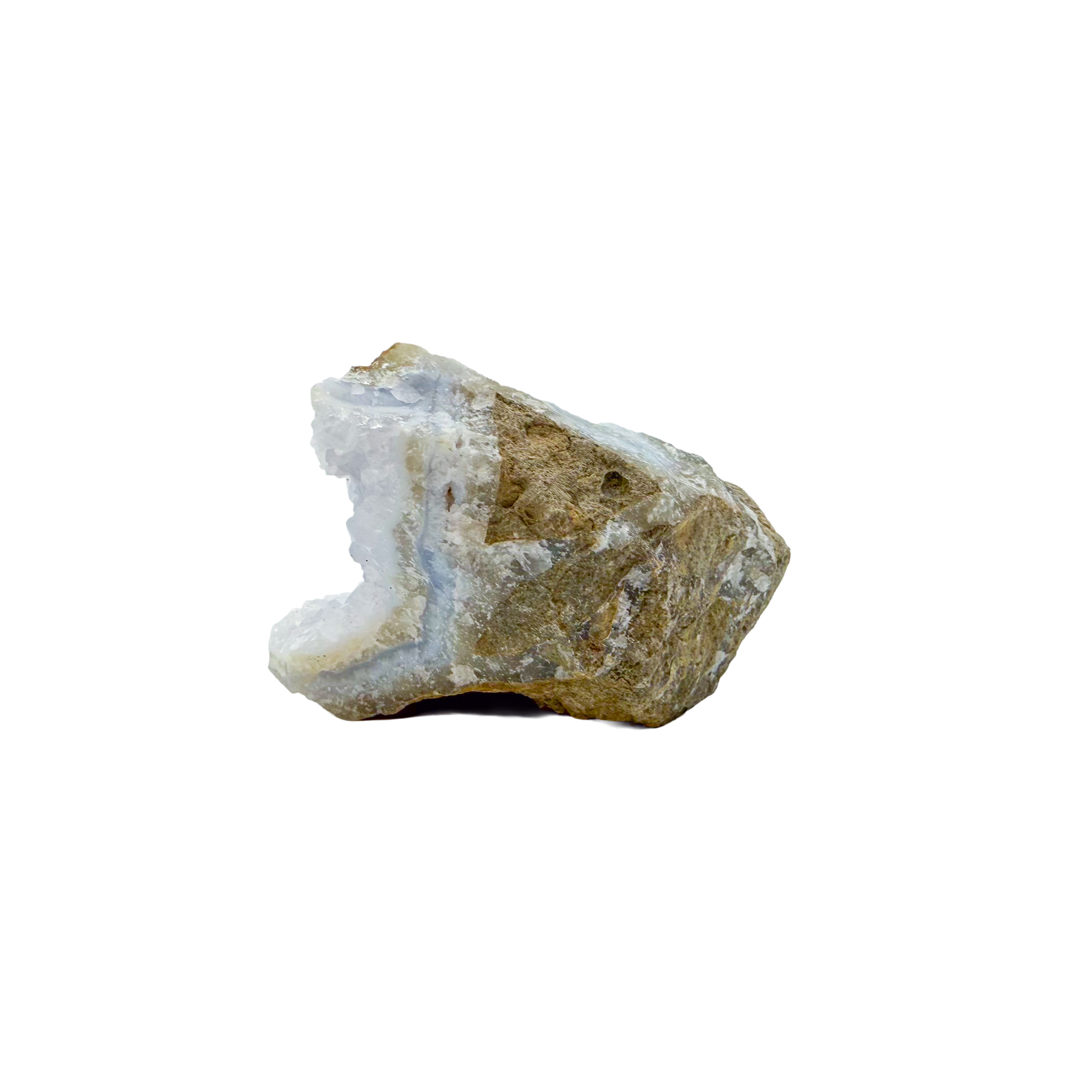Blue lace agate raw geode, angled view of banded blue chalcedony