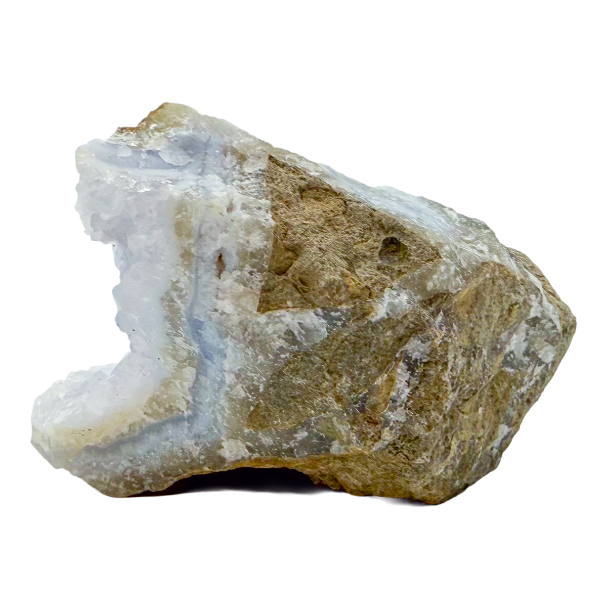 Blue lace agate raw geode, angled view of banded blue chalcedony