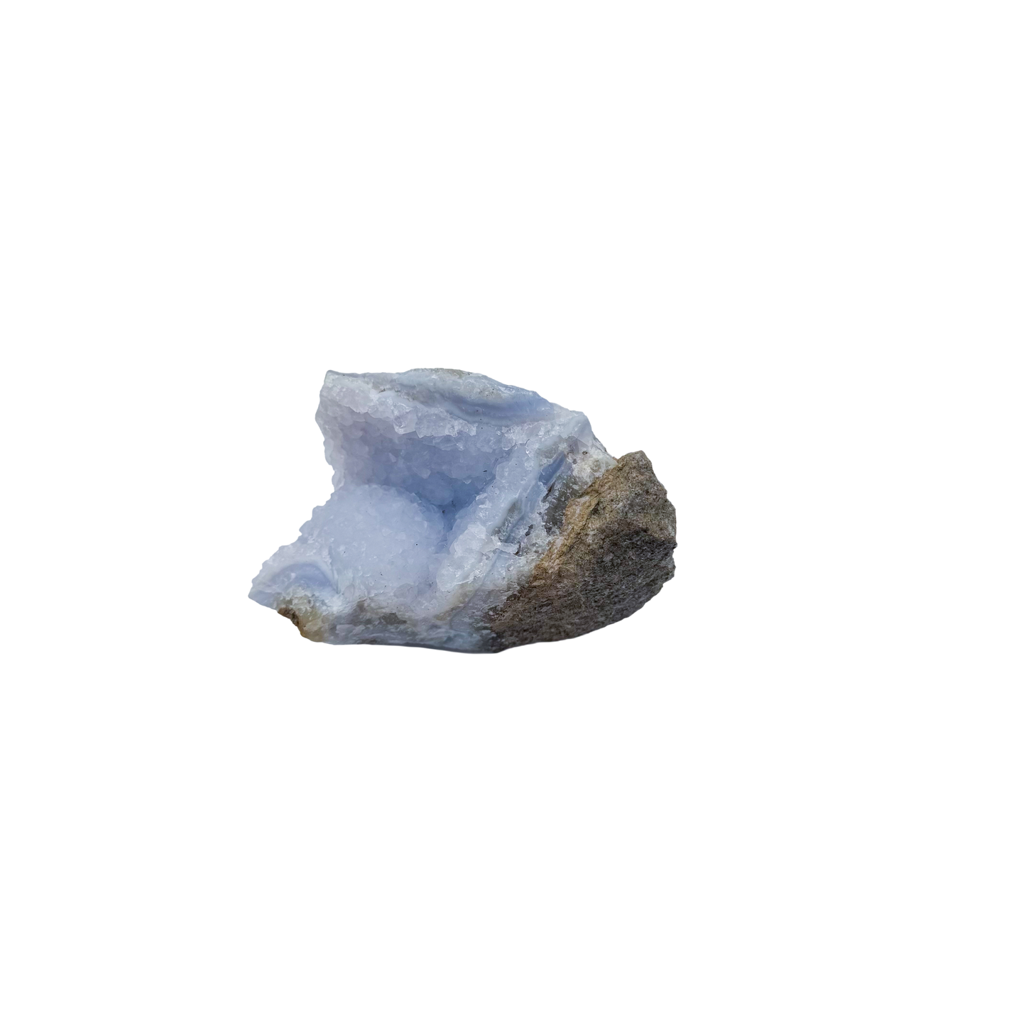 Blue lace agate raw geode, rear view of rough host rock