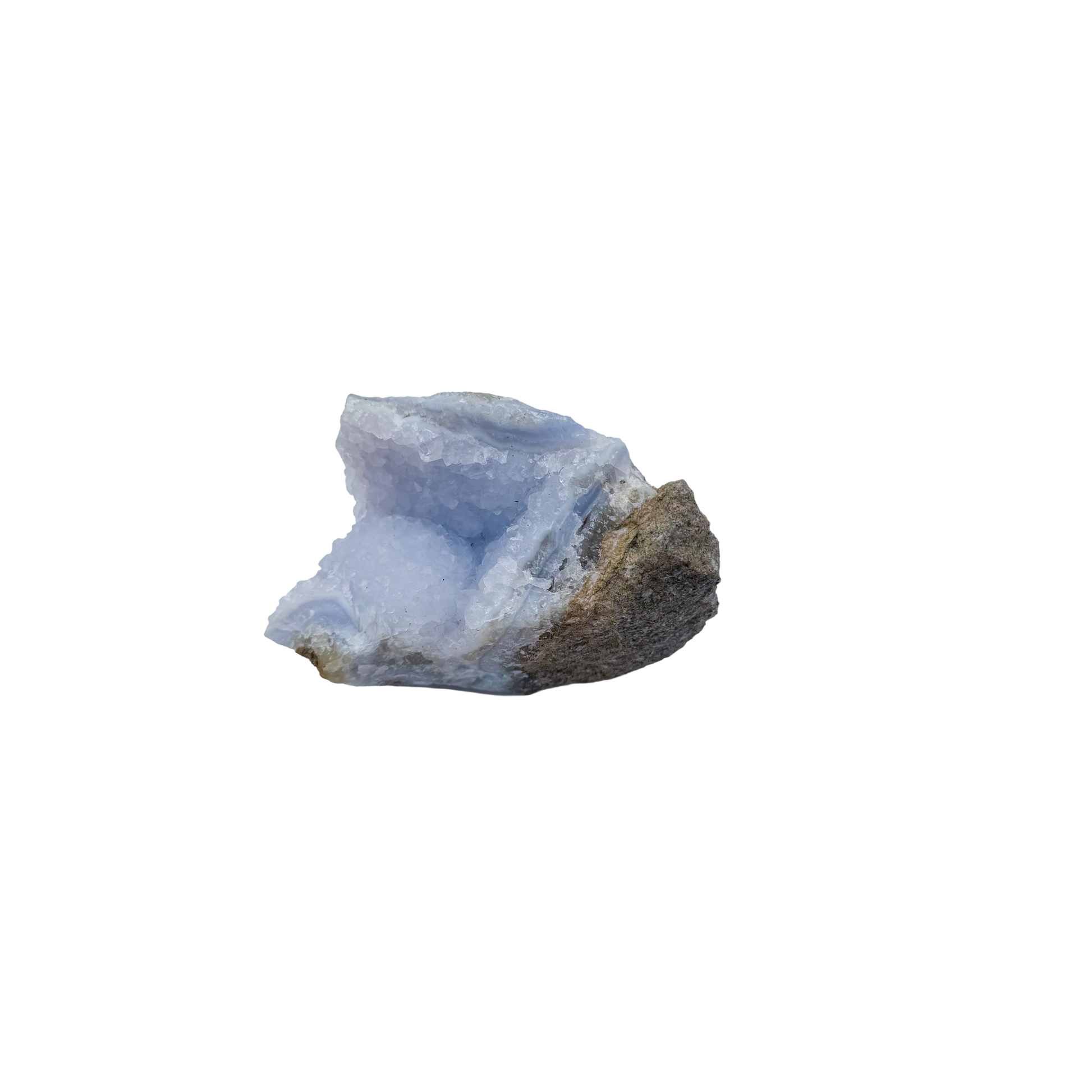 Blue lace agate raw geode, rear view of rough host rock