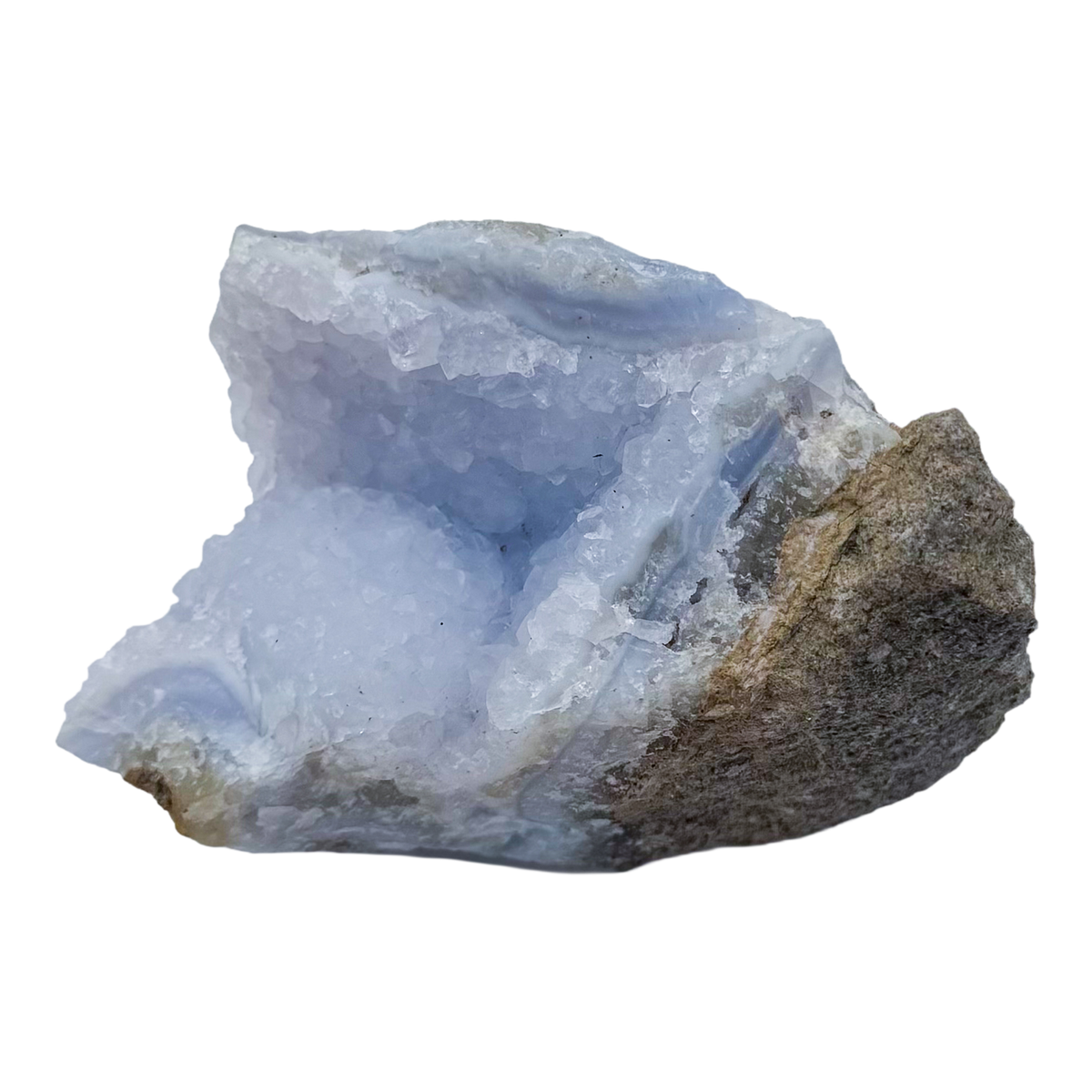Blue lace agate raw geode, rear view of rough host rock