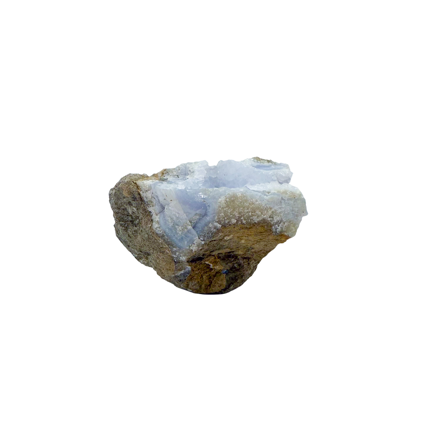 Blue lace agate raw geode, close view of druzy crystal texture