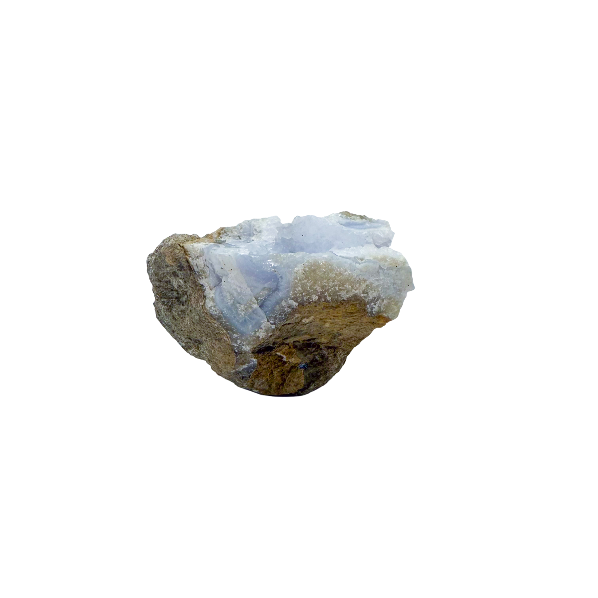 Blue lace agate raw geode, close view of druzy crystal texture