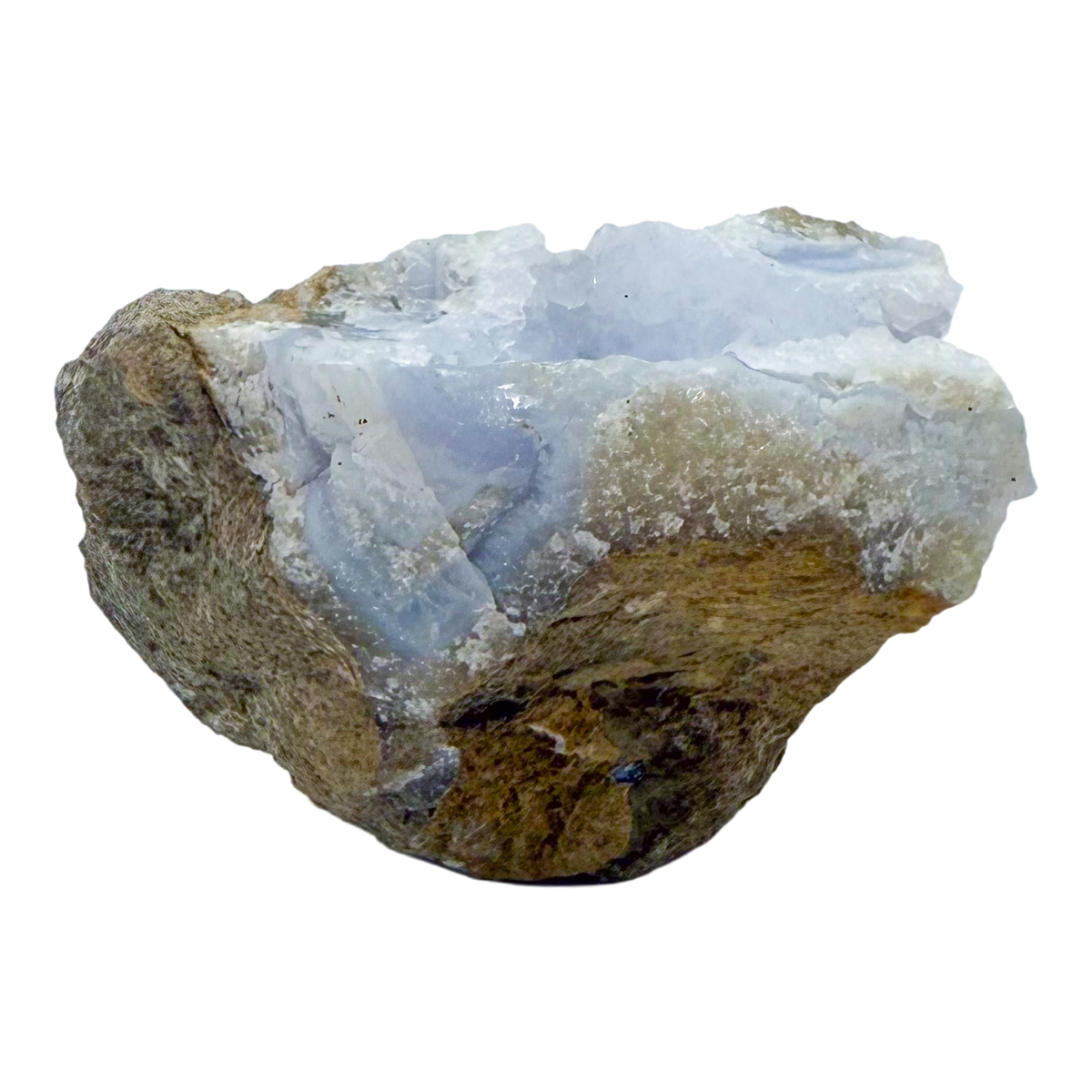 Blue lace agate raw geode, close view of druzy crystal texture