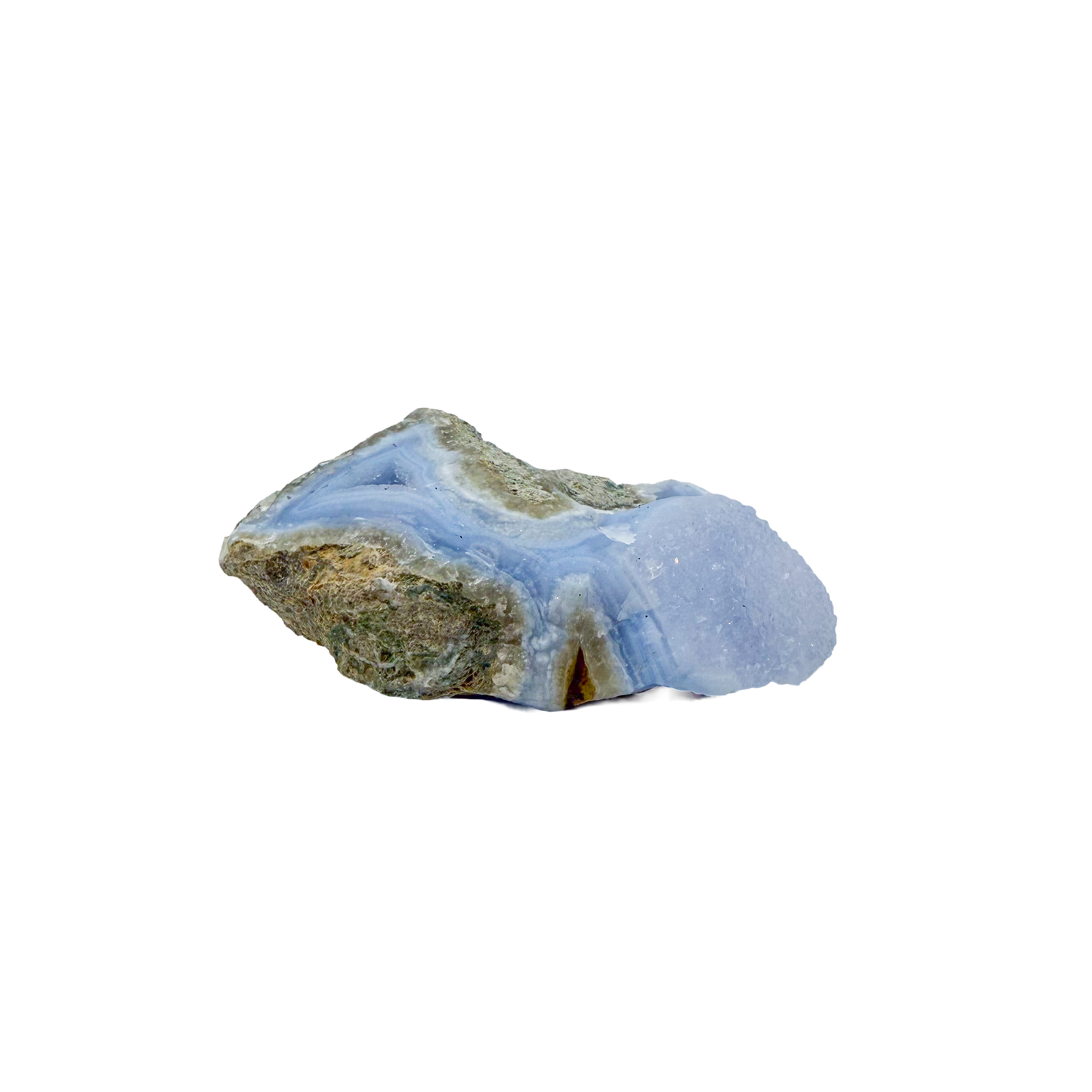 Blue lace agate raw geode from Malawi, uncut host rock with blue banded interior