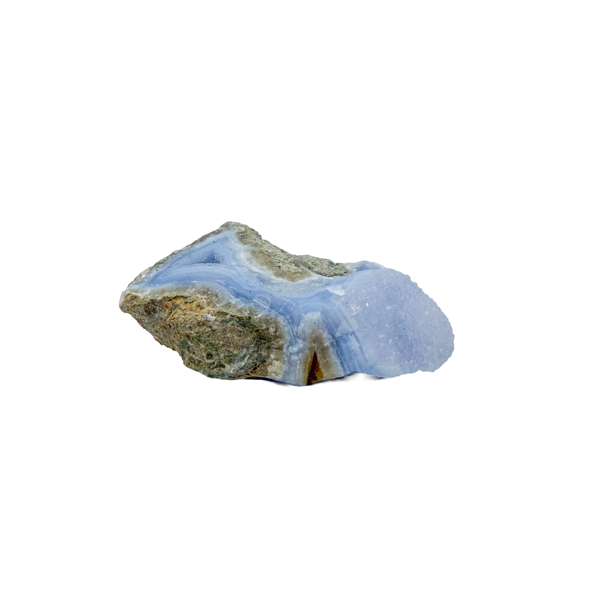 Blue lace agate raw geode from Malawi, uncut host rock with blue banded interior