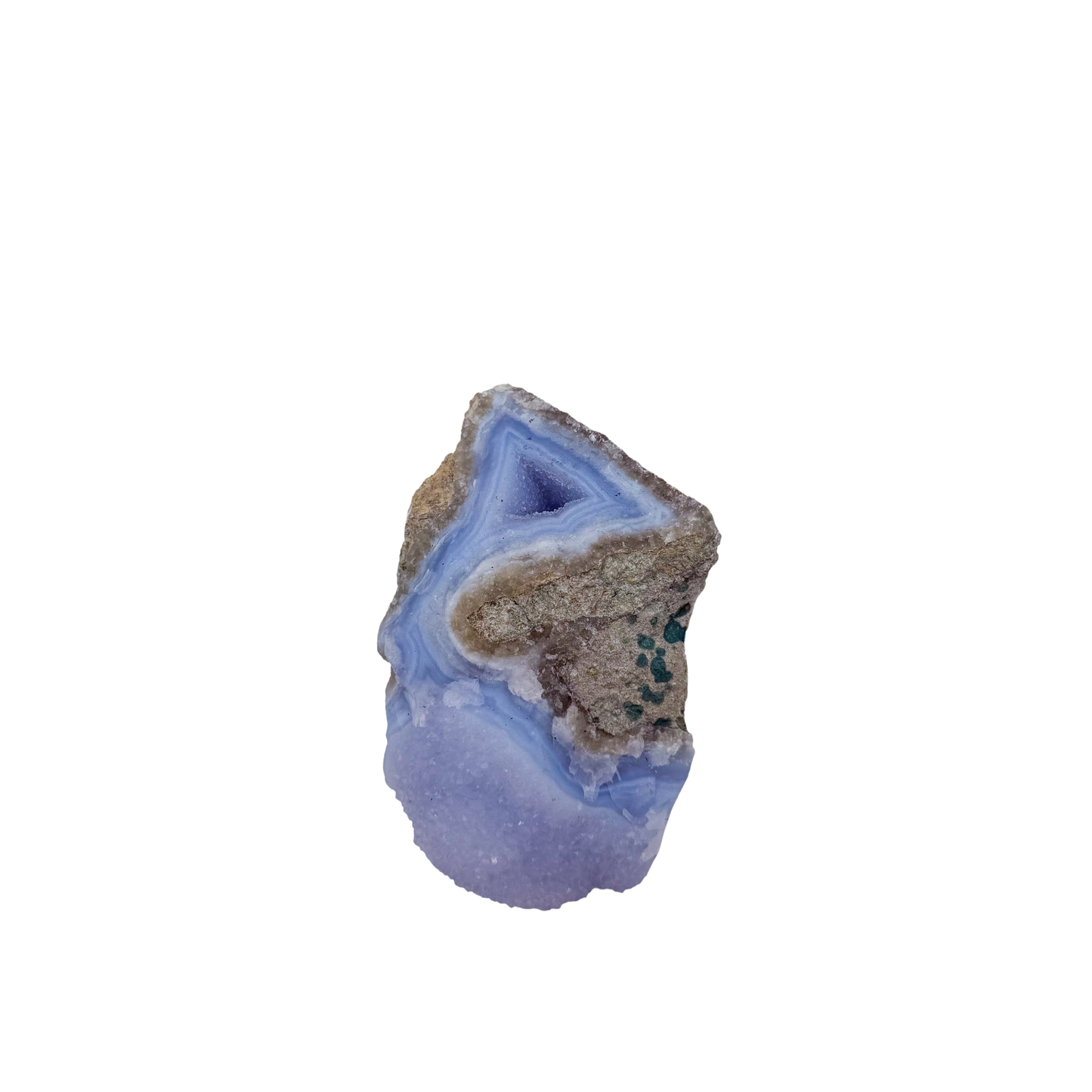 Blue lace agate raw geode, angled view of banded blue chalcedony