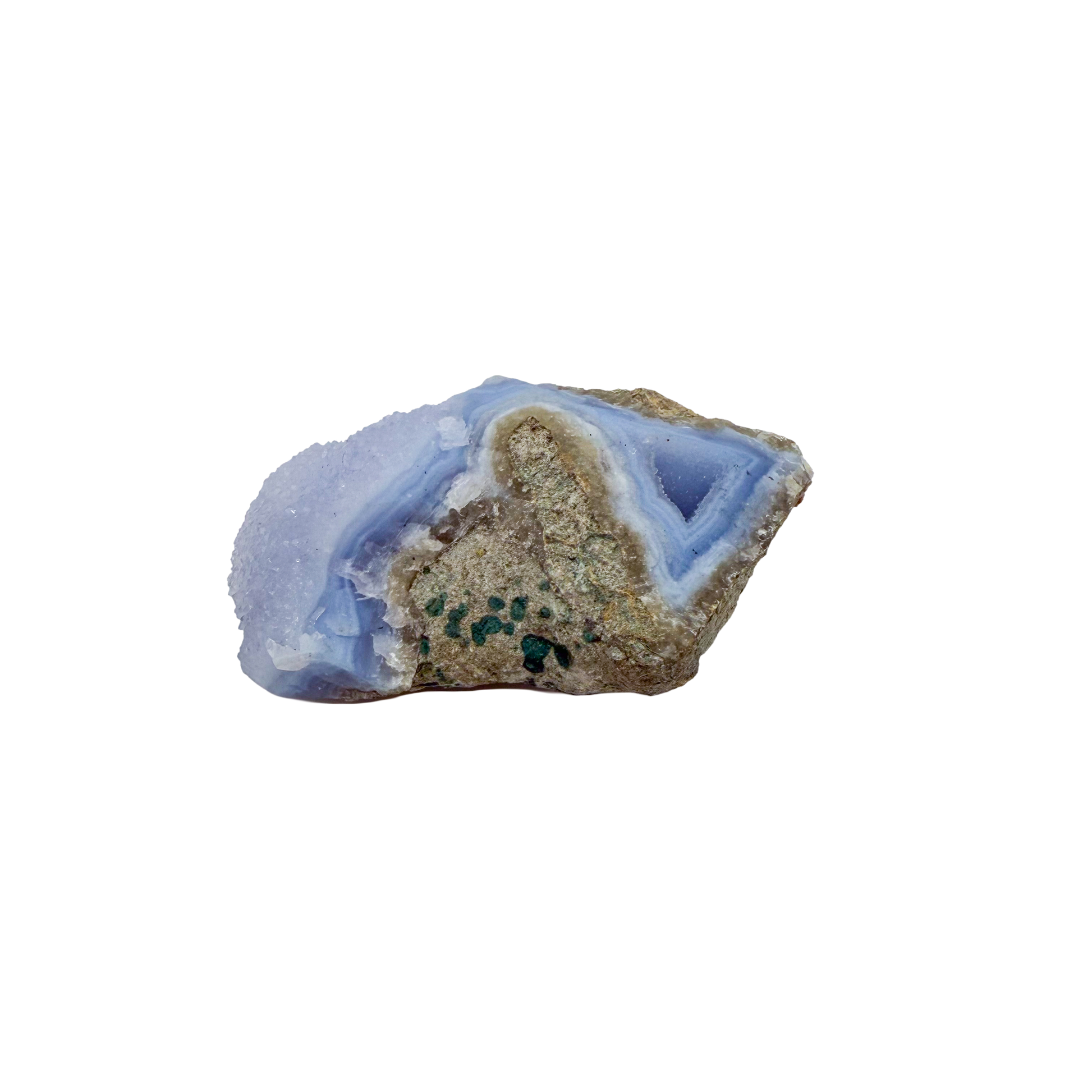 Blue lace agate raw geode, detail of pale blue lacy banding