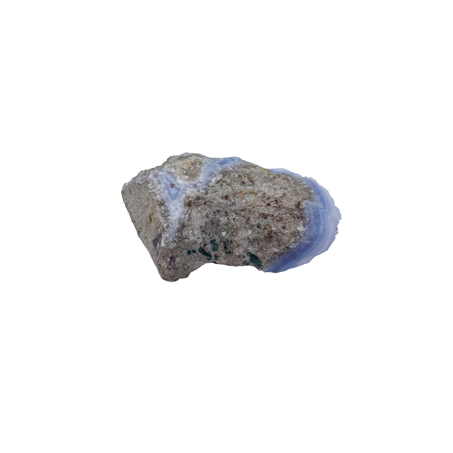 Blue lace agate raw geode, rear view of rough host rock