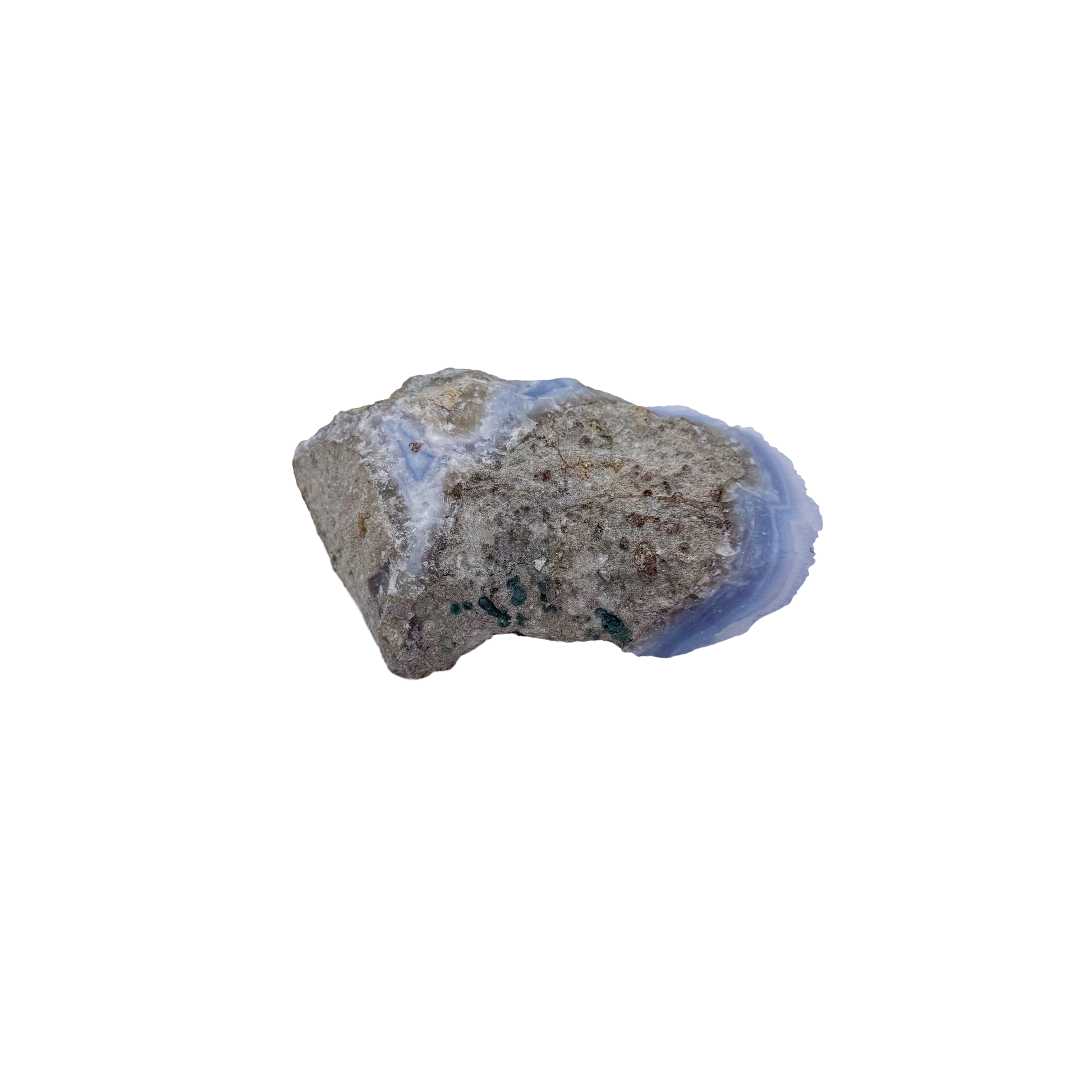 Blue lace agate raw geode, rear view of rough host rock