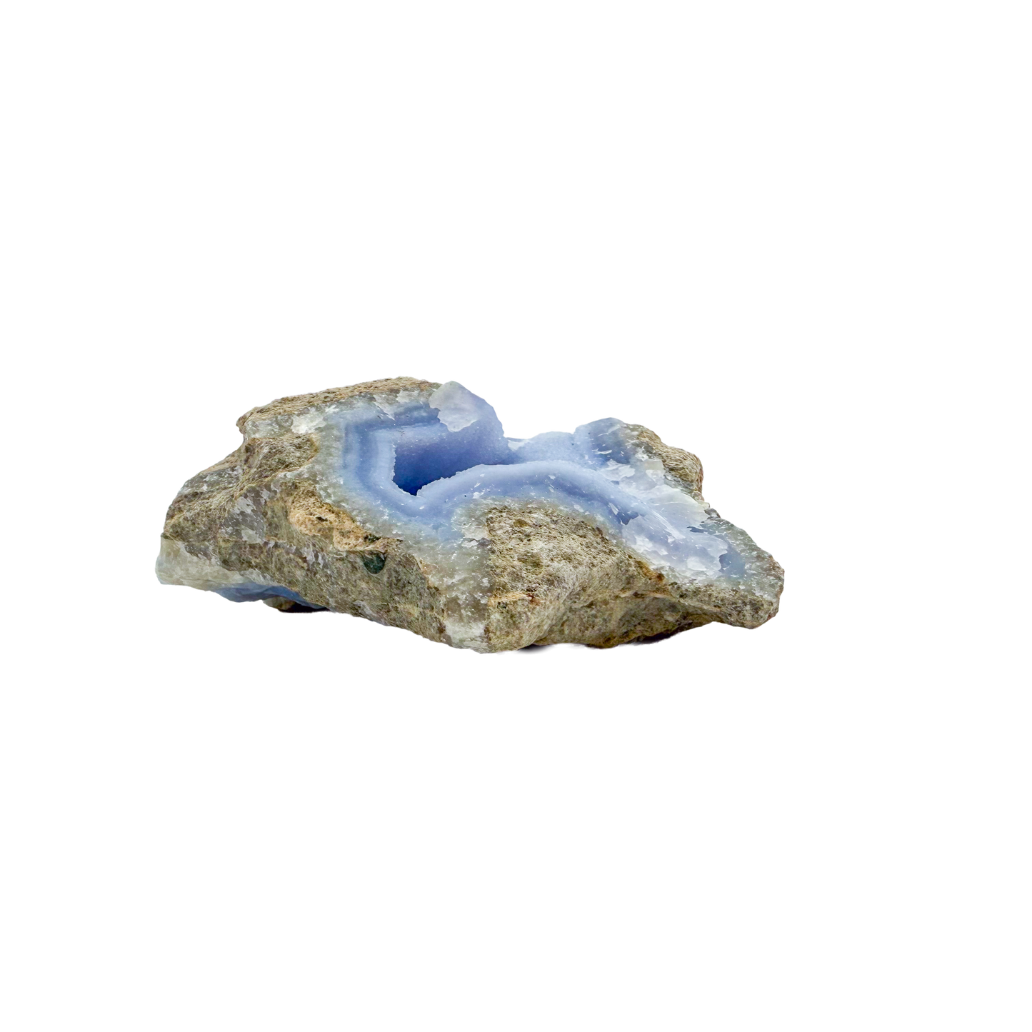 Blue lace agate raw geode from Malawi, uncut host rock with blue banded interior