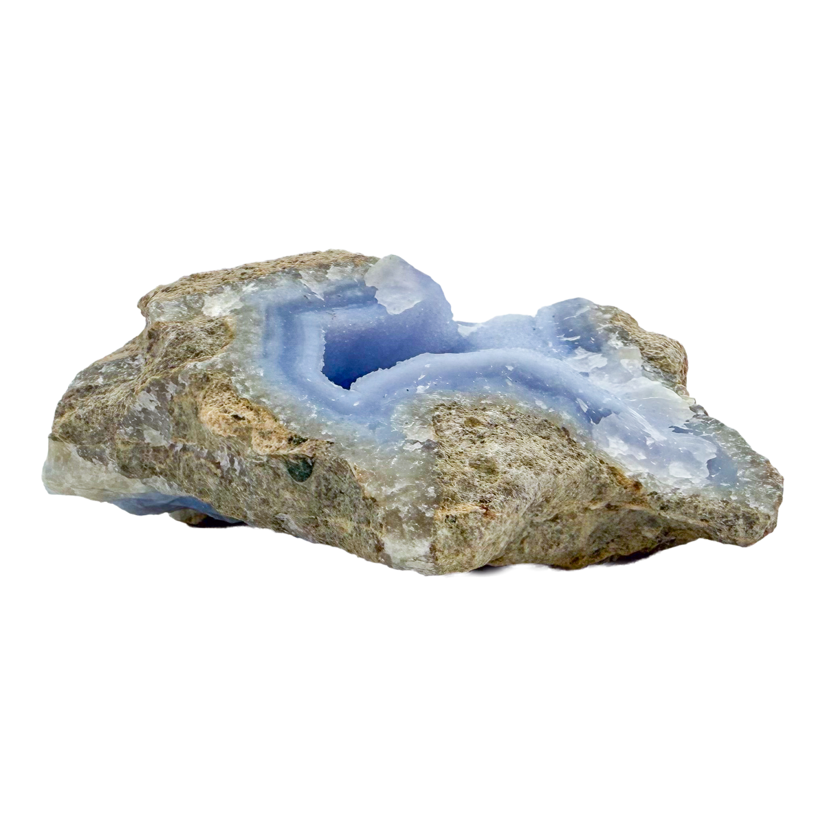 Blue lace agate raw geode from Malawi, uncut host rock with blue banded interior