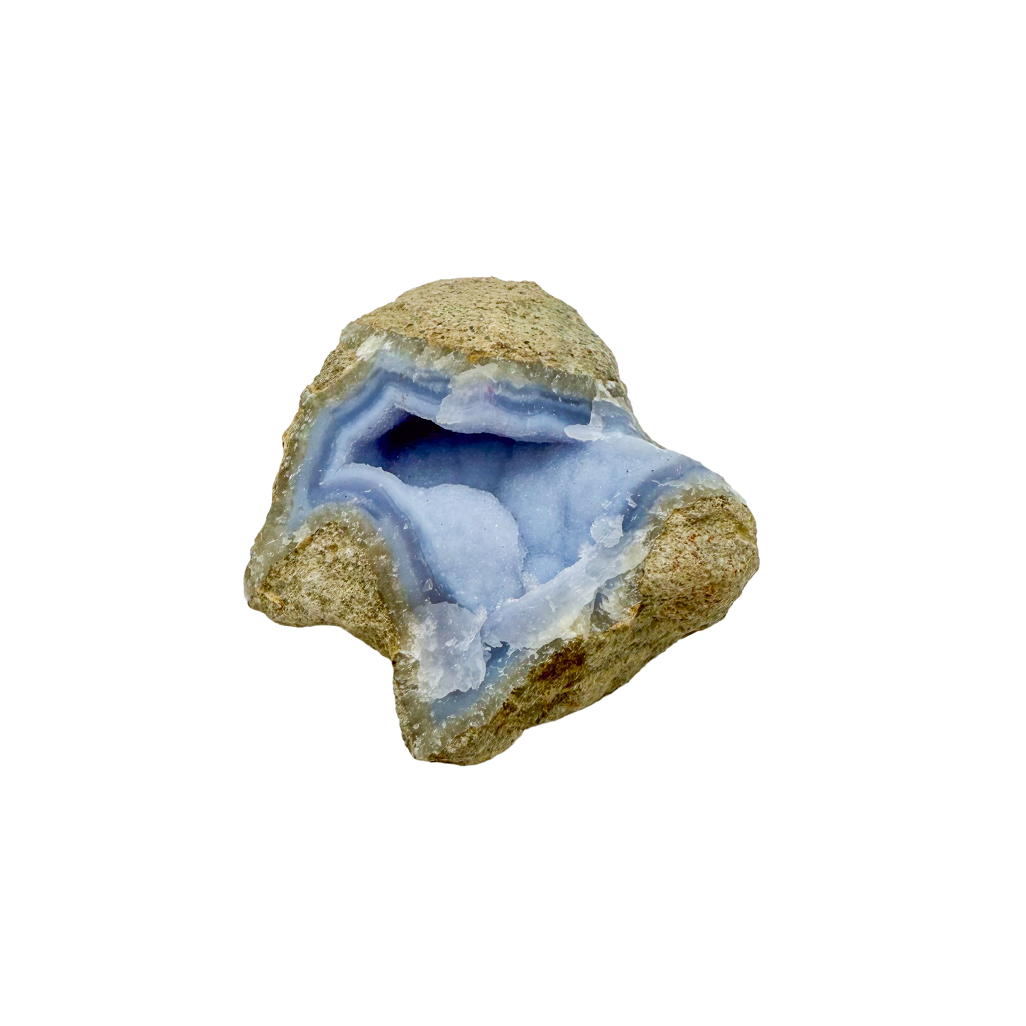 Blue lace agate raw geode, side view showing natural cavity and druzy