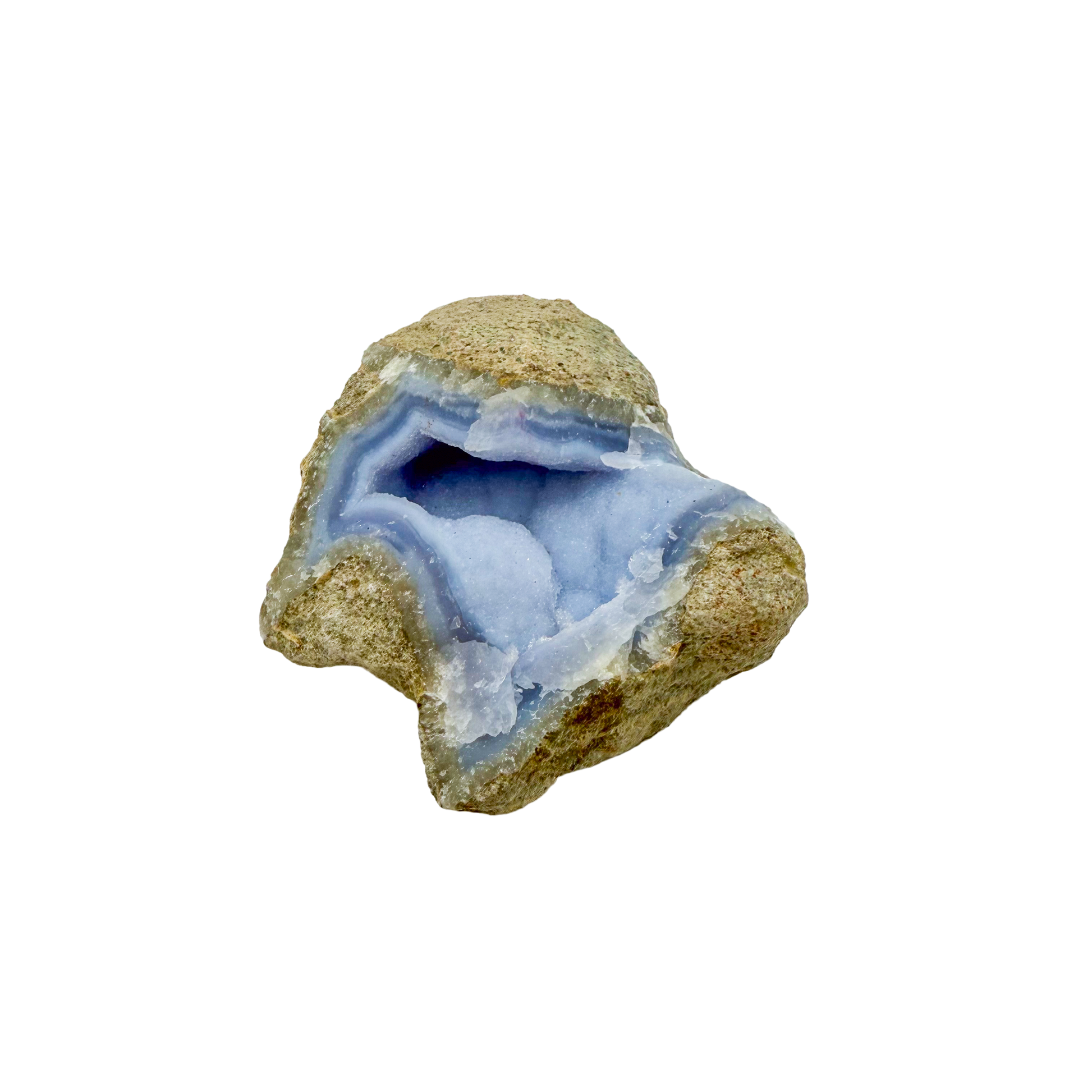Blue lace agate raw geode, side view showing natural cavity and druzy