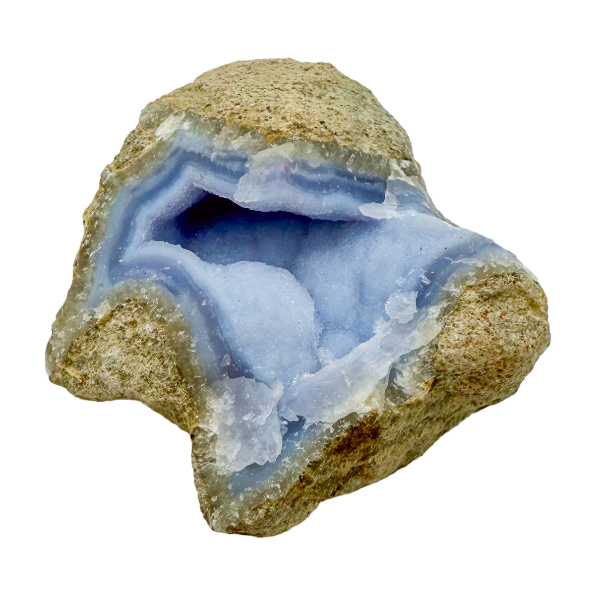 Blue lace agate raw geode, side view showing natural cavity and druzy