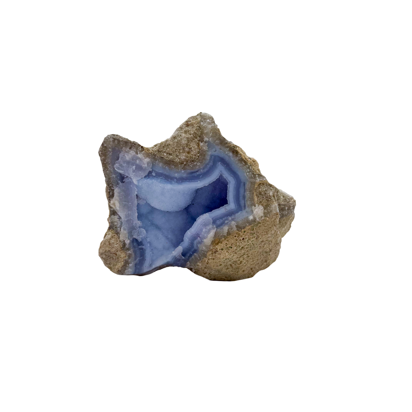 Blue lace agate raw geode, angled view of banded blue chalcedony