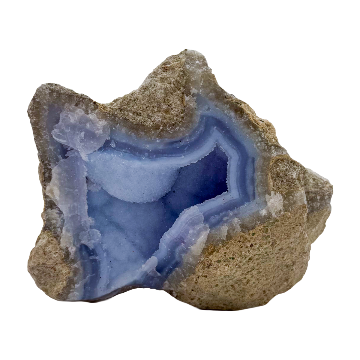 Blue lace agate raw geode, angled view of banded blue chalcedony