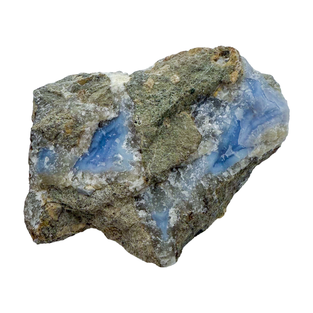 Blue lace agate raw geode, detail of pale blue lacy banding