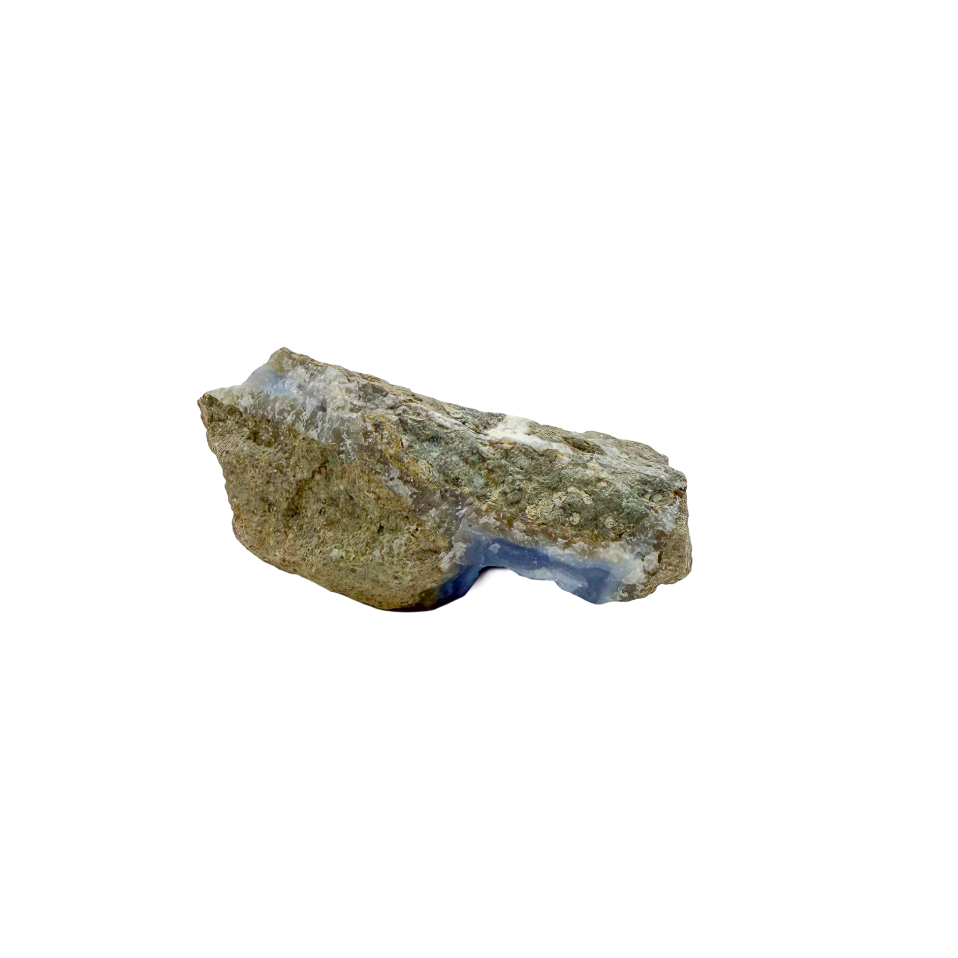 Blue lace agate raw geode, rear view of rough host rock
