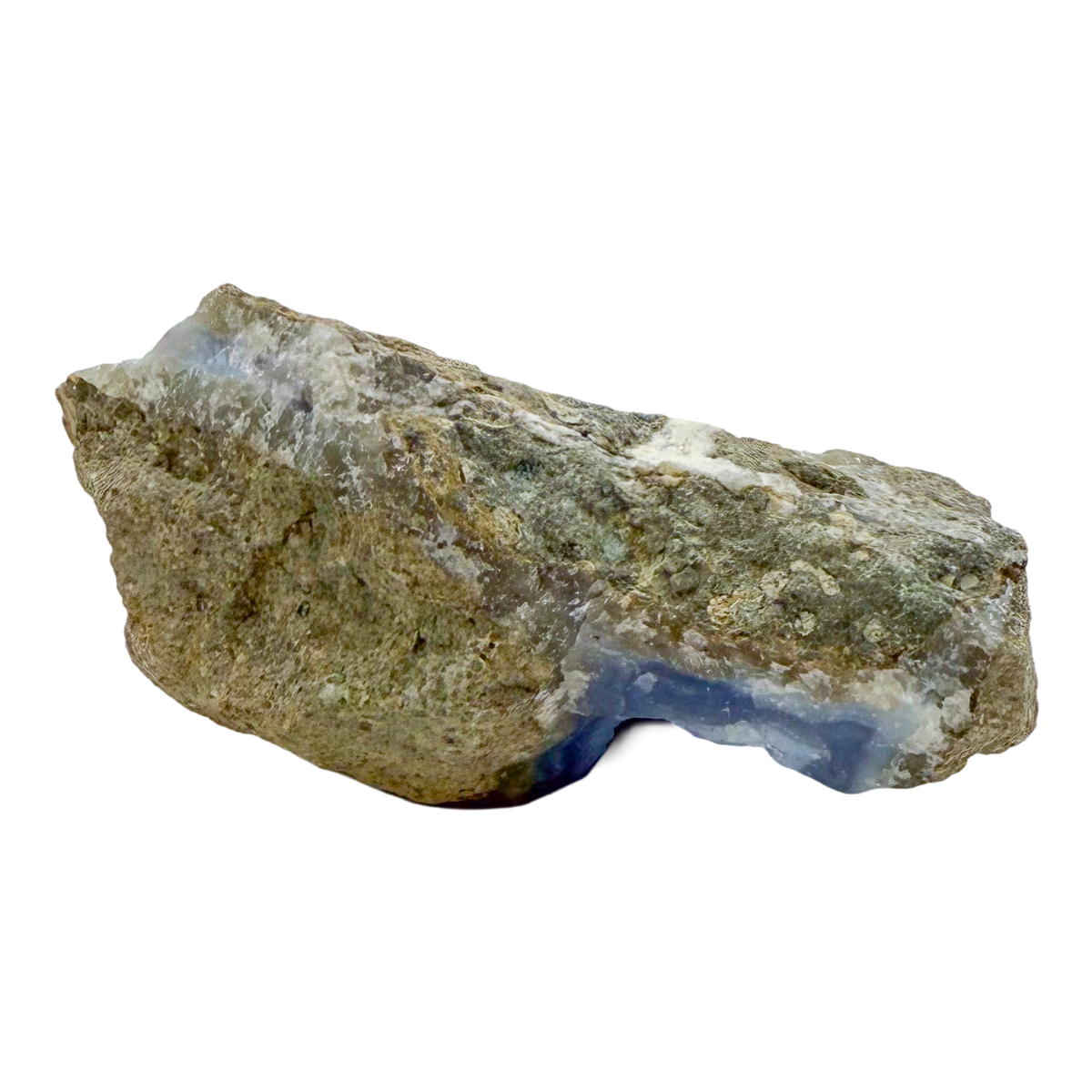 Blue lace agate raw geode, rear view of rough host rock