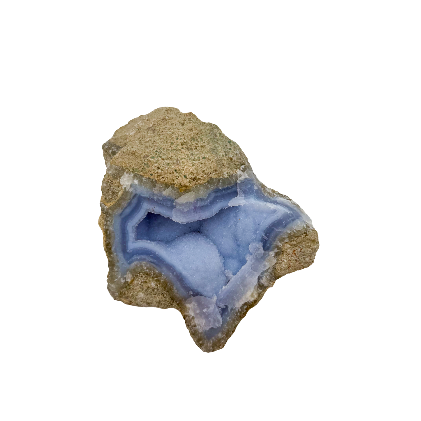 Blue lace agate raw geode, close view of druzy crystal texture
