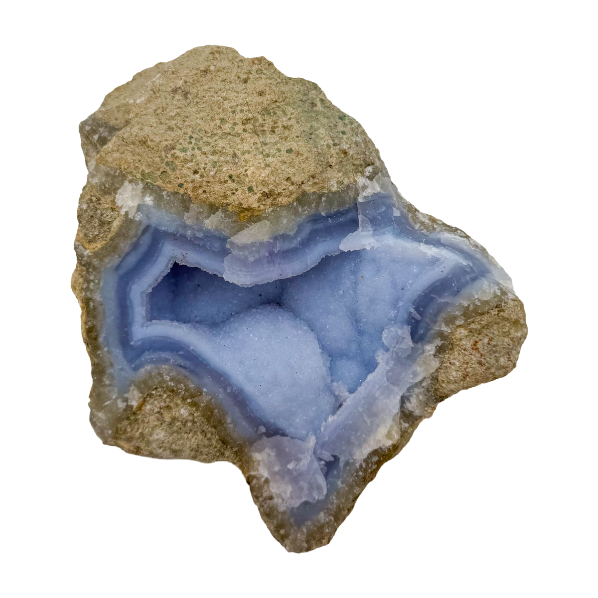 Blue lace agate raw geode, close view of druzy crystal texture