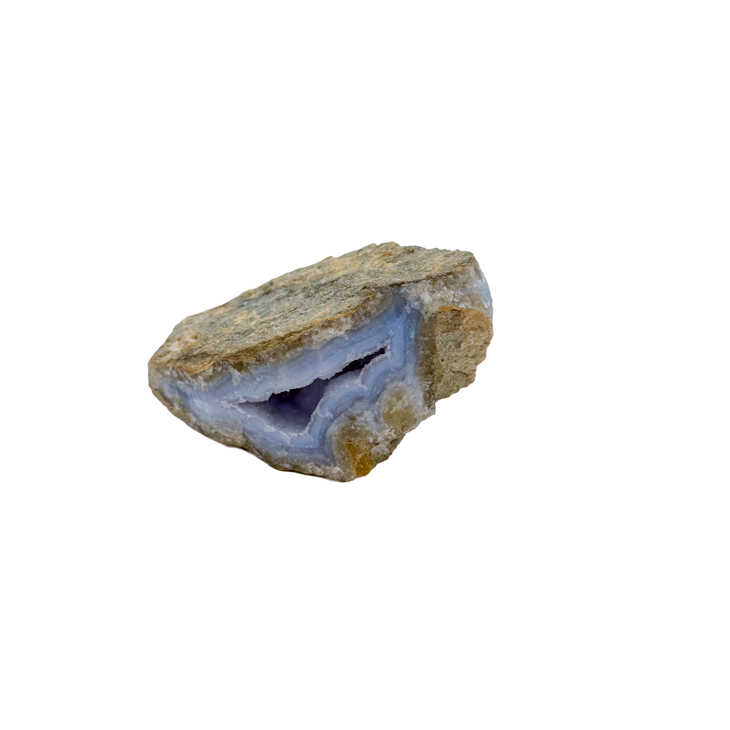 Blue lace agate raw geode from Malawi, uncut host rock with blue banded interior