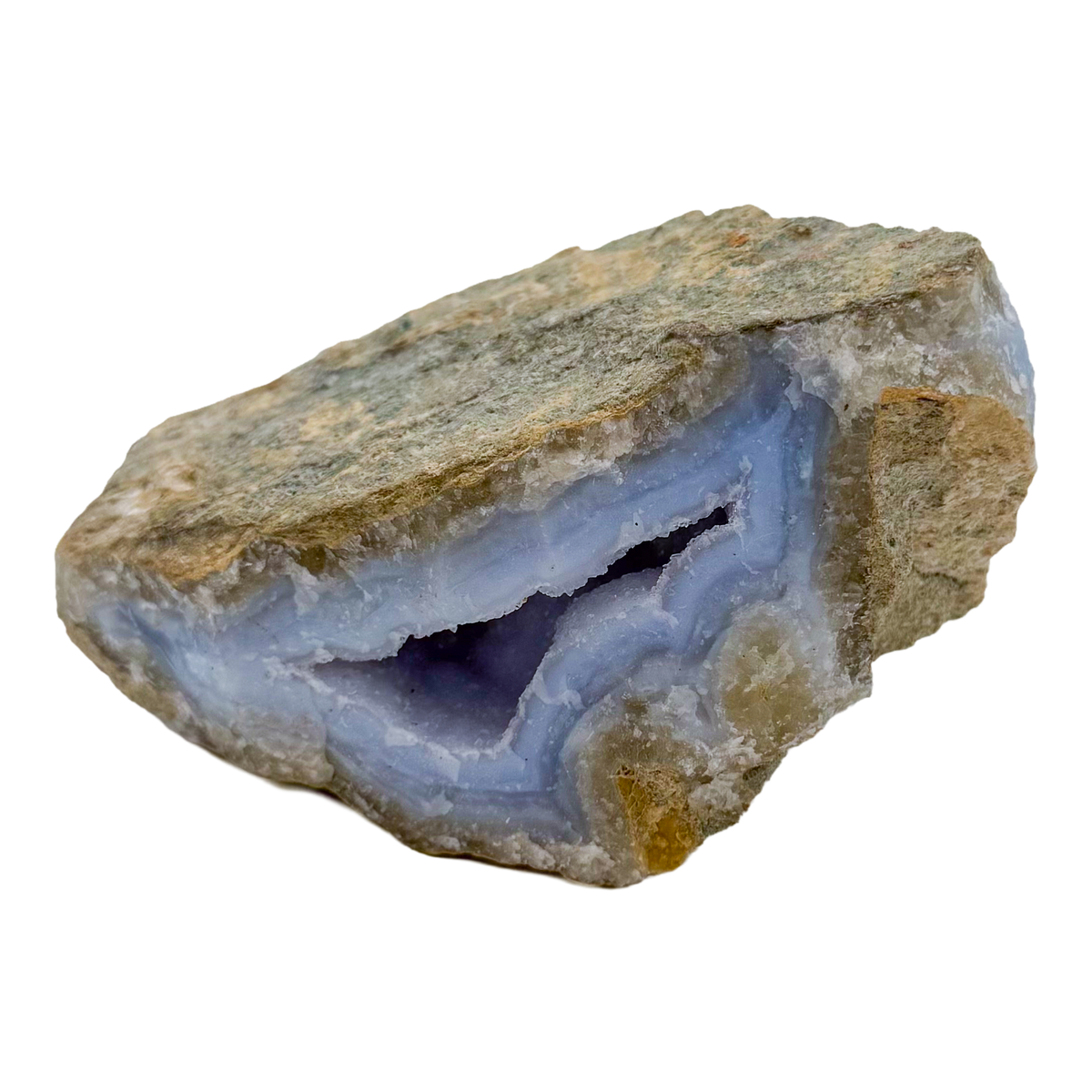 Blue lace agate raw geode from Malawi, uncut host rock with blue banded interior