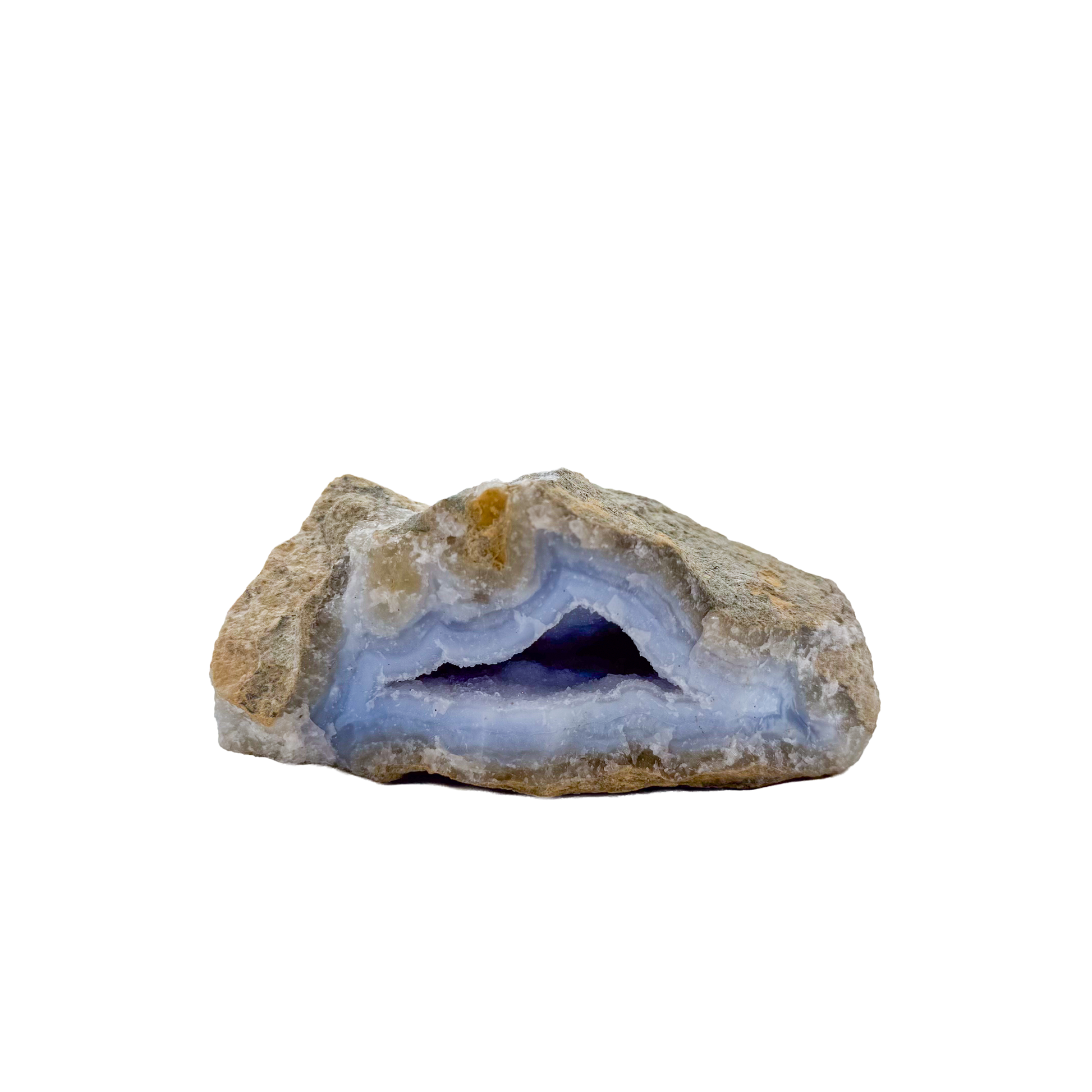 Blue lace agate raw geode, side view showing natural cavity and druzy