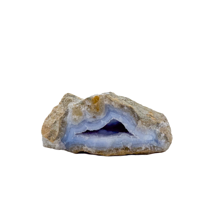 Blue lace agate raw geode, side view showing natural cavity and druzy