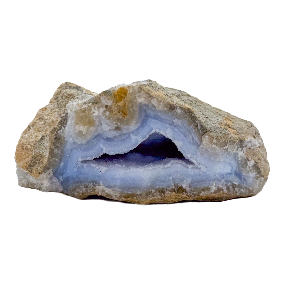 Blue lace agate raw geode, side view showing natural cavity and druzy