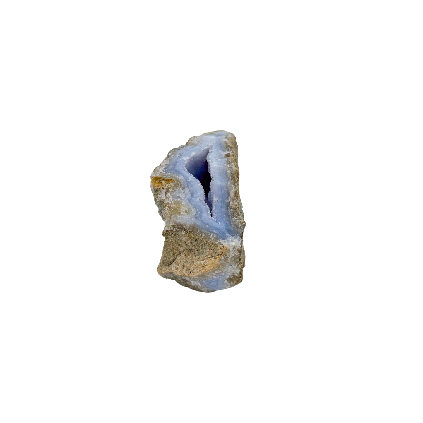 Blue lace agate raw geode, angled view of banded blue chalcedony