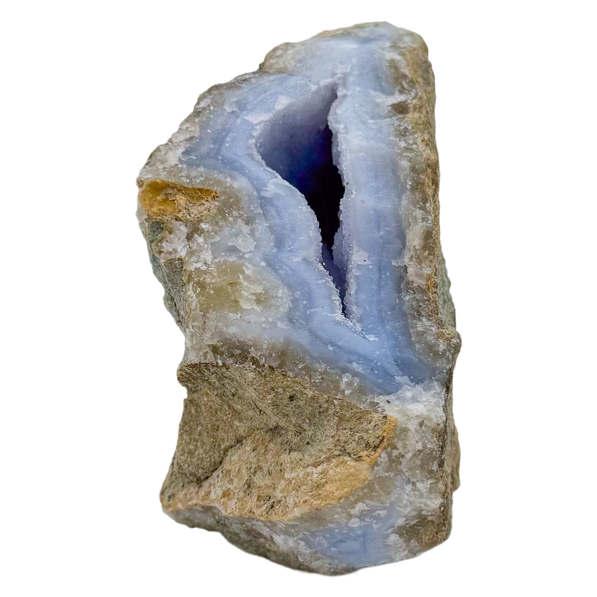 Blue lace agate raw geode, angled view of banded blue chalcedony