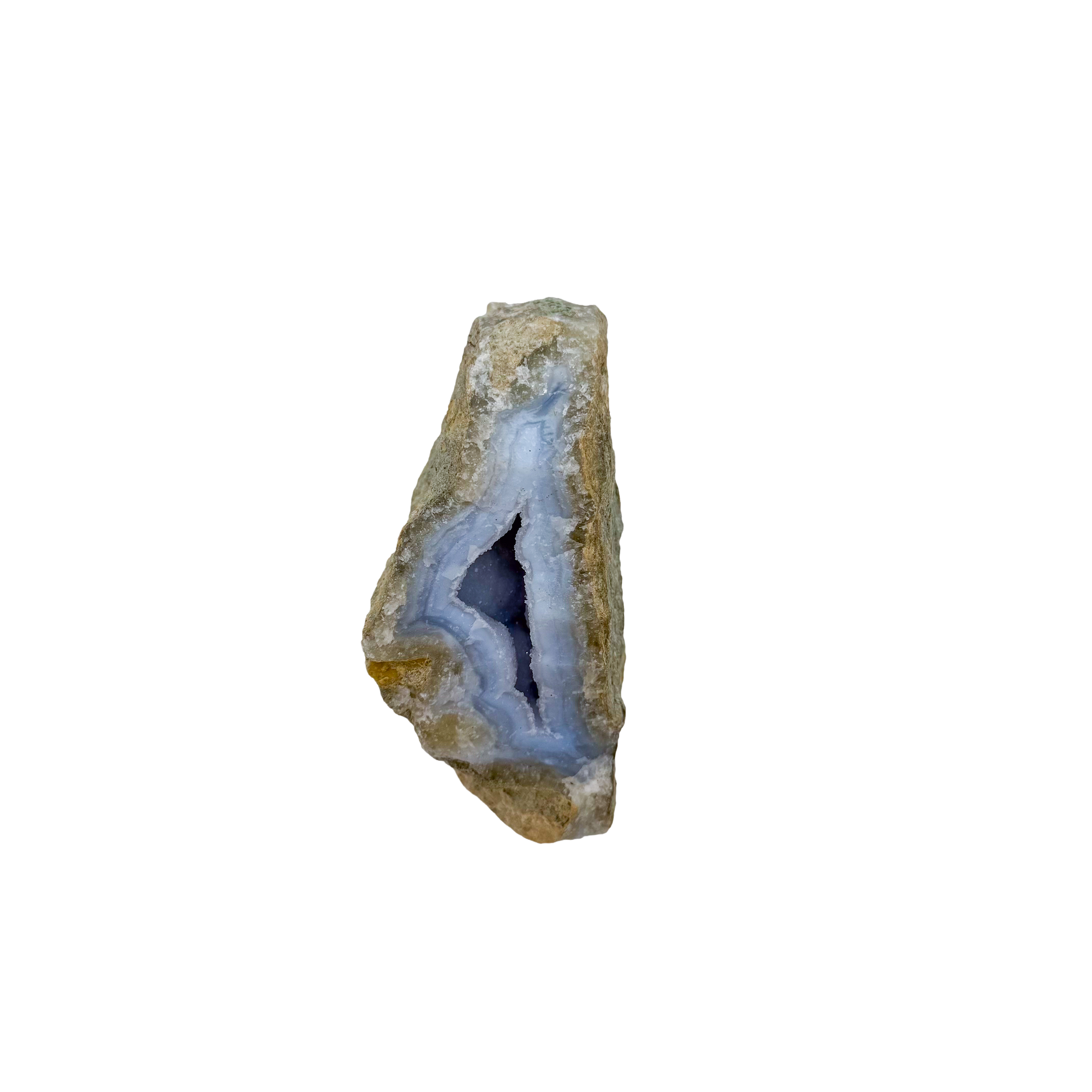 Blue lace agate raw geode, detail of pale blue lacy banding