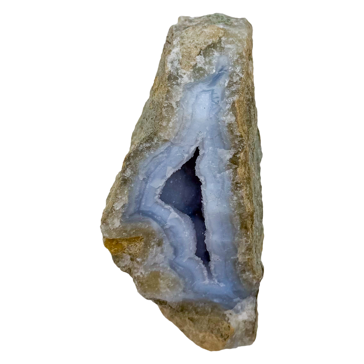 Blue lace agate raw geode, detail of pale blue lacy banding