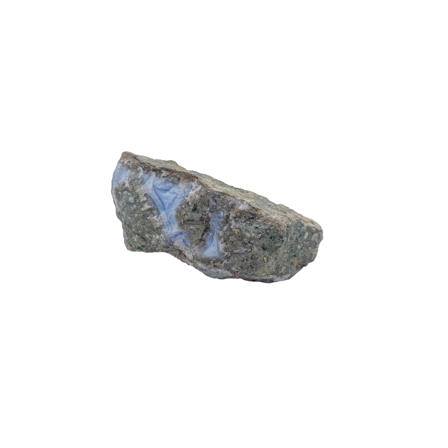 Blue lace agate raw geode, rear view of rough host rock