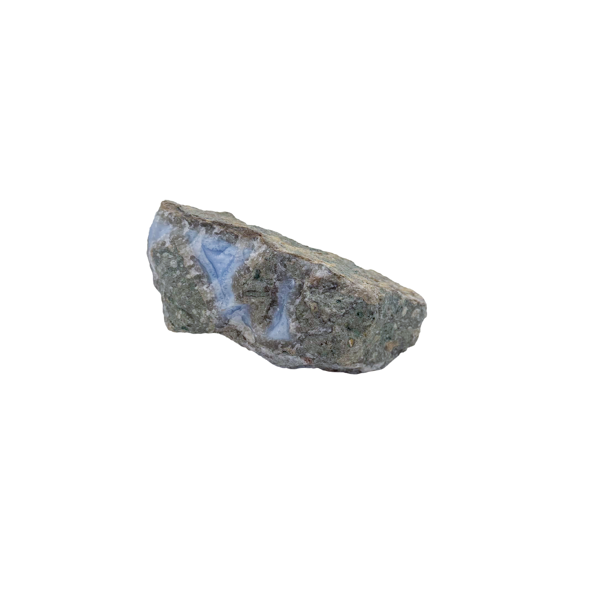 Blue lace agate raw geode, rear view of rough host rock